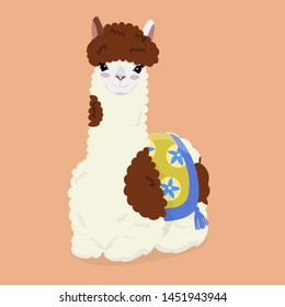 Cartoon llama on an orange background. Vector illustration