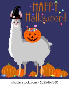 Cartoon llama with pumpkin and candy. Vector illustration for Halloween card, poster and print.