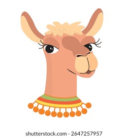 Cartoon llama  in a scarf with pompoms. Funny animal head with big eyes and eyelashes, forelock and ears. Colorful character isolated on white background.  Vector design for card, t-shirt, banner.