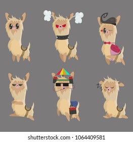 Cartoon llama set. Set of cute llama stickers or badges isolated on white background. Cute llamas with different emotions and mood. Alpaca vector illustration set.