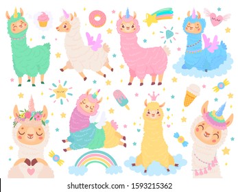 Cartoon Llama Unicorn. Happy Magic Color Llamas Unicorns, Fluffy Pink Alpaca Fur Vector Illustration Set. Cute Exotic Animal Stickers Collection. Funny Peruvian Fauna With Cartoon Symbols