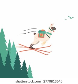 A cartoon llama, wearing a backpack and goggles, is captured mid-air while skiing down a snowy slope, showcasing a playful and adventurous spirit.
