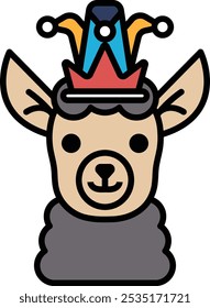 A cartoon of a llama wearing a crown and a hat. The llama has a happy expression on its face