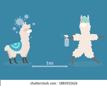 A cartoon llama wearing a mask with antiseptic fighting the Covid-19 coronavirus disease. Vector illustration.
