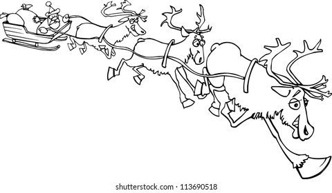 cartoon lllustration of santa claus on sledge with sacks of christmas presents and reindeer for coloring book or page