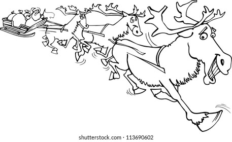 cartoon lllustration of santa claus on sledge with sacks of christmas presents and reindeer for coloring book