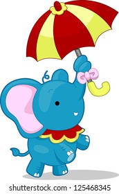 Cartoon llustration of a Circus Elephant balancing and holding an umbrella with its nose