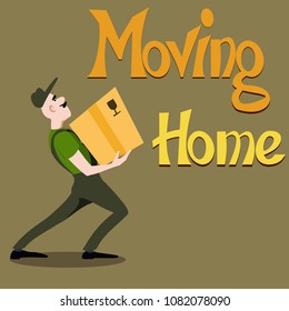 Cartoon loader is carrying a large cardboard box. Moving, delivery, logistics.