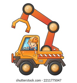 Cartoon loader or lift truck with worker. Construction vehicles. Colorful vector illustration for children.