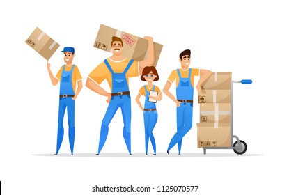 Cartoon loaders movers team with cardboard boxes. Moving and delivery company concept. Vector illustration isolated on white background