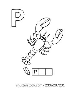 Cartoon lobster coloring pages. Learning game for small children - write a word in Russian language. Vector alphabet for kids