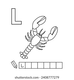 Cartoon lobster coloring pages. Learning game for small children - write a word in English language. Vector alphabet for kids
