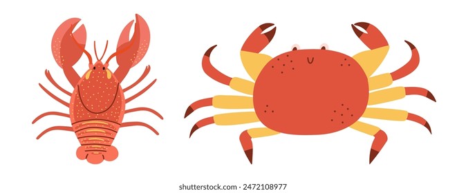 Cartoon lobster and crayfish. Sea creatures. Vector illustration