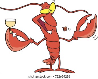 Cartoon Lobster Holding A Glass Of Wine And Throwing A Chocolate Into His Mouth