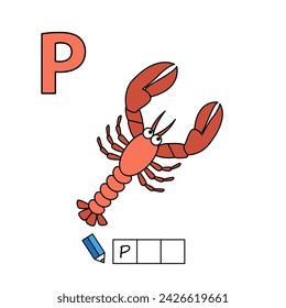 Cartoon lobster illustration. Learning game for small children - write a word in Russian language. Vector alphabet for kids