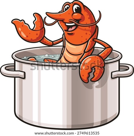 Cartoon lobster mascot soaking in a boiling pot