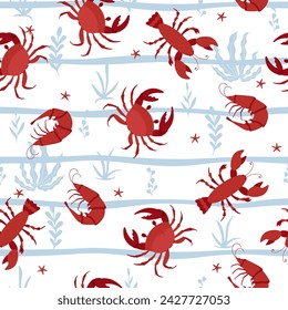 Cartoon lobsters, shrimps, crab, with algae and starfish. Marine seamless pattern
