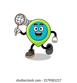 Cartoon of location symbol catching a butterfly , character design