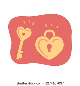 Cartoon of lock and key in heart shape, vector illustration.