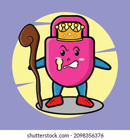 Cartoon lock mascot as wise king with golden crown and wooden stick cute style design for t-shirt, sticker, logo element