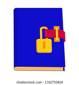 Cartoon locked blue diary. Girl secret journal. Fairy tale theme vector illustration for icon, stamp, label, 