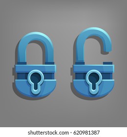 Cartoon Locked and unlocked padlock lock icon. Vector illustration.