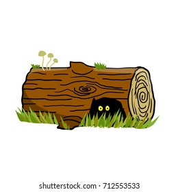 cartoon a log in the forest with mushrooms  and a hollow where someone is sitting