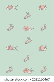 cartoon log and snail pattern on pastel green background.
