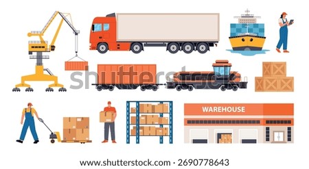 Cartoon logistics warehouse elements. Cargo transportation, worldwide delivery, shipping by land and sea, professional loaders, vector set