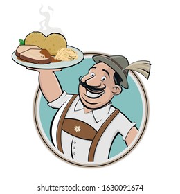 cartoon logo of a bavarian man with German dish Schweinebraten