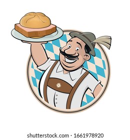 cartoon logo of a Bavarian man serving German specialty food meatloaf called Leberkäse
