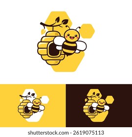 Cartoon logo bee with a smiling face flying near a beehive, small branch with leaves.