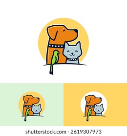 Cartoon logo of cat, parrot bird, orange dog with collar, simple vector pet symbol for vet, rescue, shop