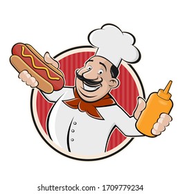 Cartoon logo of a chef serving a hot dog. Vector illustration.