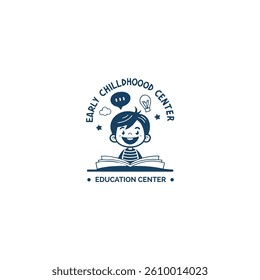a cartoon logo featuring a child reading, representing an early childhood education center with symbols of learning