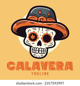 Cartoon logo featuring a Mexican hat-wearing cute skull, a Calavera mascot in a hand-drawn doodle illustration