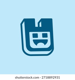 Un logotipo de dibujos animados con una cabeza de robot con una sonrisa amistosa y feliz.