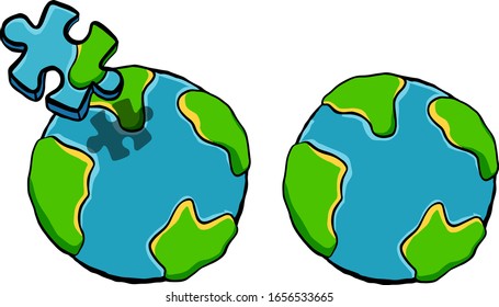 Ein Cartoon-Logo der Welt mit einer Jigsaw-Vektorillustration-Illustration über der Welt