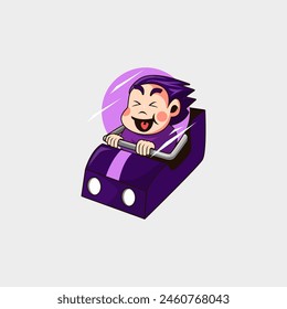 cartoon logo of a happy little boy being blown away by the wind riding a jet coaster wearing purple clothes with a purple train