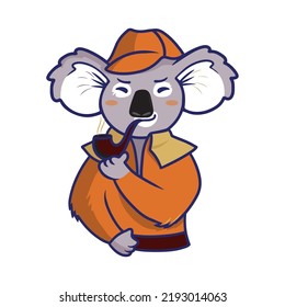 The cartoon logo of a koala is in the form of a symbol of Sherlock Holmes. Graphic portrait of boy animal vector illustration in flat style

