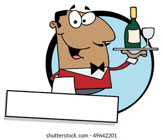 Cartoon Logo Mascot-Friendly African American Male Butler Serving Wine