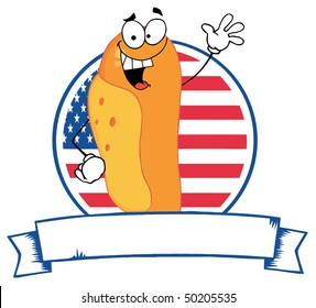 Cartoon Logo Mascot-Hot Dog Waving In Front Of Flag Of USA