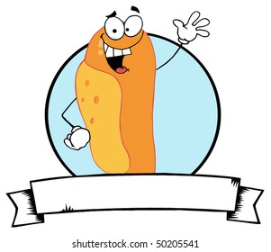 Cartoon Logo Mascot-Lucky Hot Dog Waving A Greeting