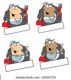 Cartoon Logo Mascot-Man Carrying A Wrench And Tool Box Collection