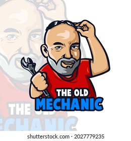 cartoon logo old man mechanic hold wrench, technician service mascot