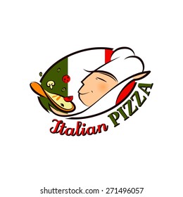 Cartoon Logo Pizza Chef In Front Of Flag Of Italy For Your Design