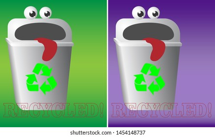 cartoon logo recycling garbage bin with eyes and tongue