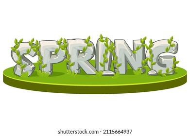 Cartoon logo spring from stone on island isometric with grass.