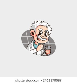 cartoon logo of a white-haired genius using a gadget in his hand