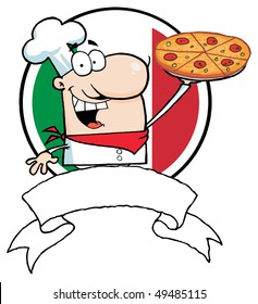 Cartoon Logo-Proud Chef Holds Up Pizza In Front Of Flag Of Italy